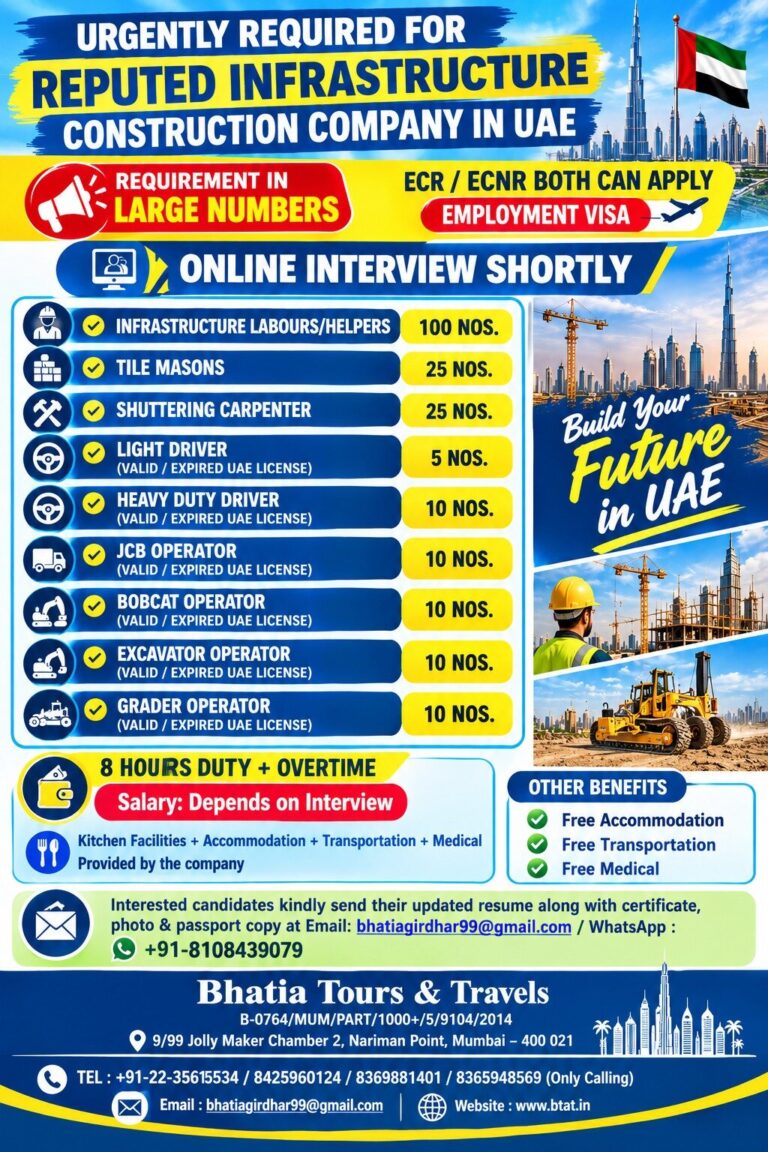 URGENTLY REQUIRED FOR REPUTED INFRASTRUCTURE CONSTRUCTION COMPANY IN UAE