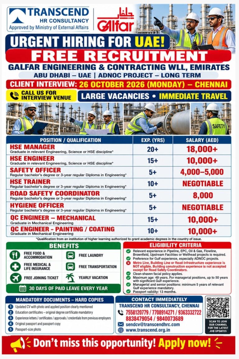 UAE Job Vacancy – Urgent Hiring at Transcend HR Consultancy