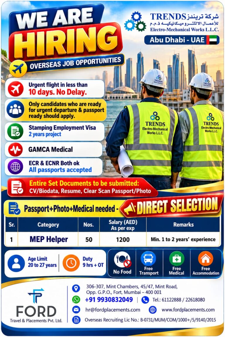 UAE Job Vacancy – MEP Helper Hiring at Ford Placements