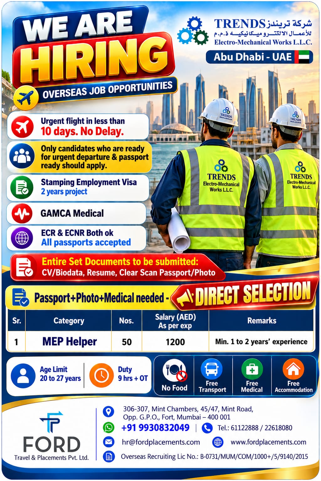 UAE Job Vacancy – MEP Helper Hiring at Ford Placements