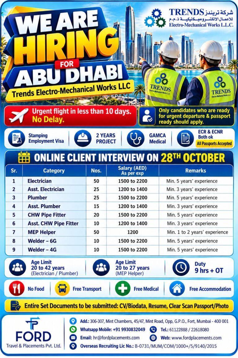 UAE Job Vacancy – Trends Electro Mechanical Works