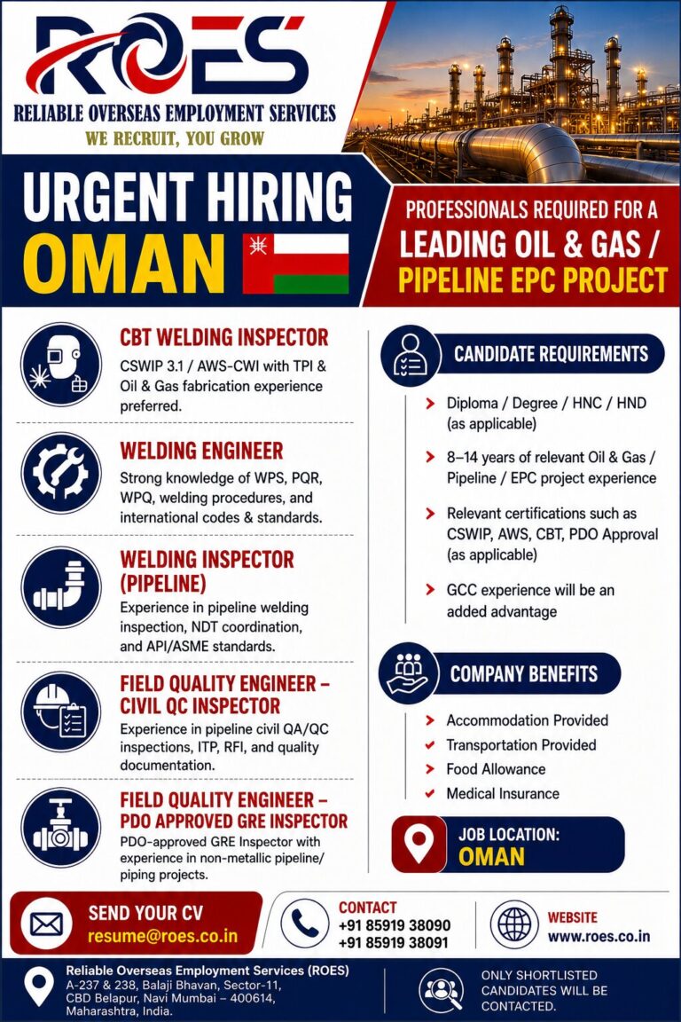 🚨 URGENT HIRING – OMAN 🇴🇲  Professionals Required for a Leading Oil & Gas / Pipeline EPC Project