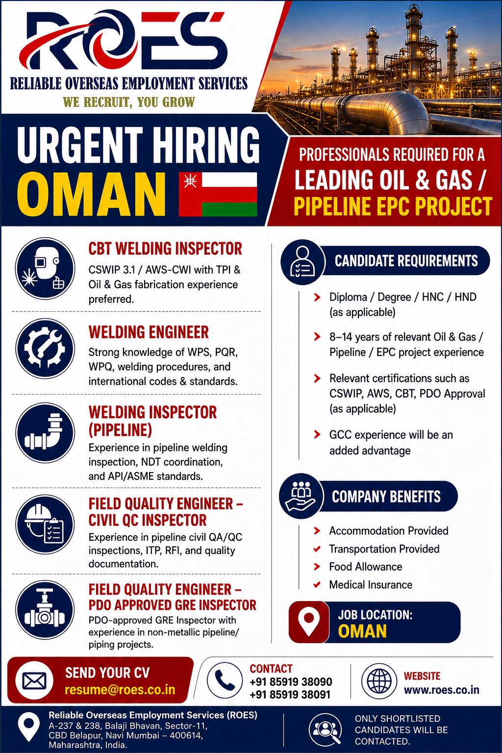 🚨 URGENT HIRING – OMAN 🇴🇲  Professionals Required for a Leading Oil & Gas / Pipeline EPC Project