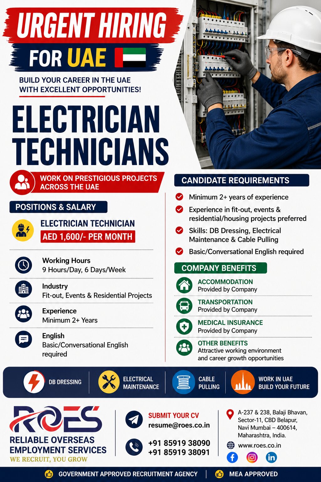 🇦🇪 URGENT HIRING FOR UAE 🇦🇪  ⚡ ELECTRICIAN TECHNICIANS