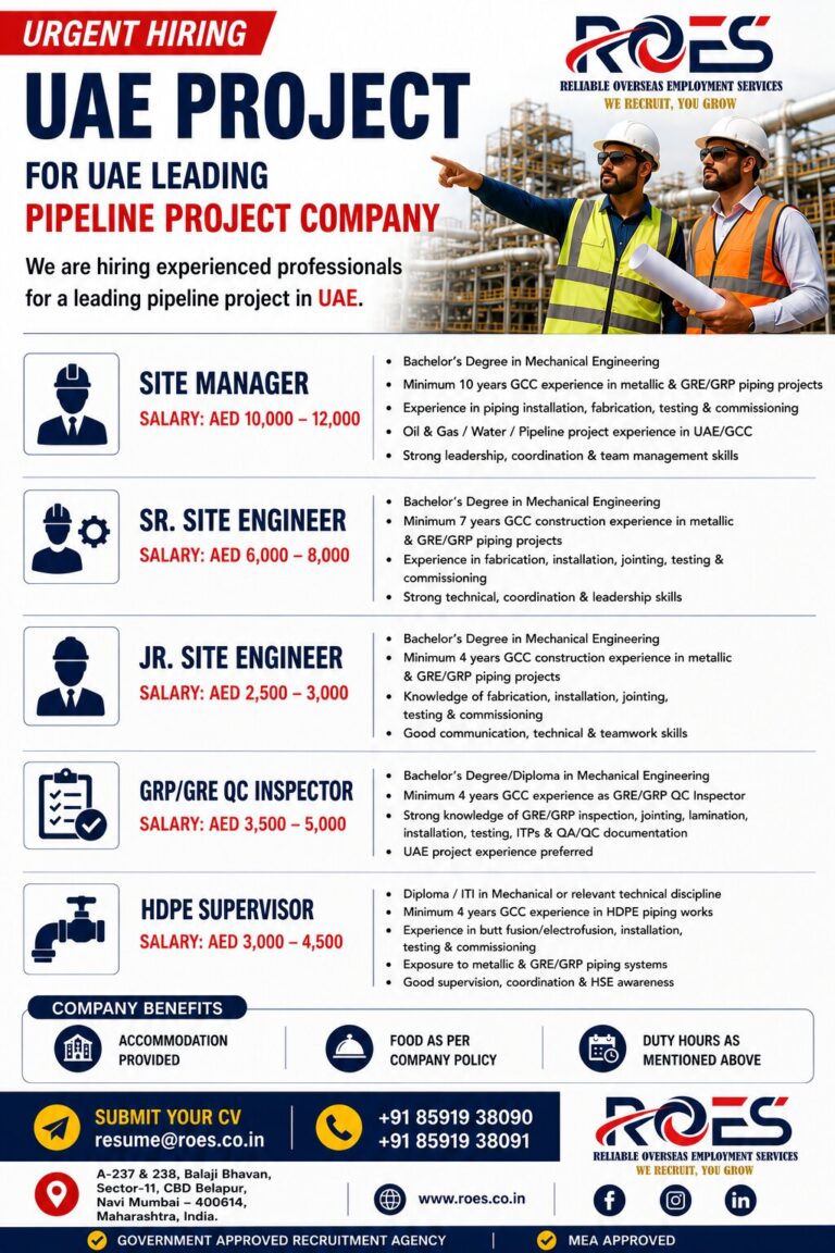 🇦🇪 URGENT HIRING – UAE  FOR UAE LEADING PIPELINE PROJECT COMPANY