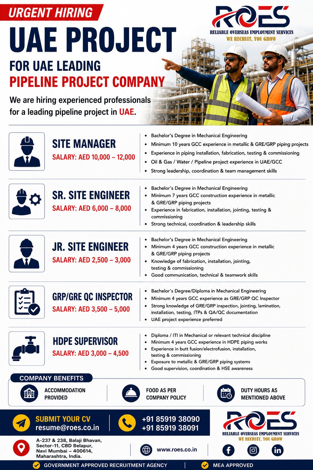 🇦🇪 URGENT HIRING – UAE  FOR UAE LEADING PIPELINE PROJECT COMPANY