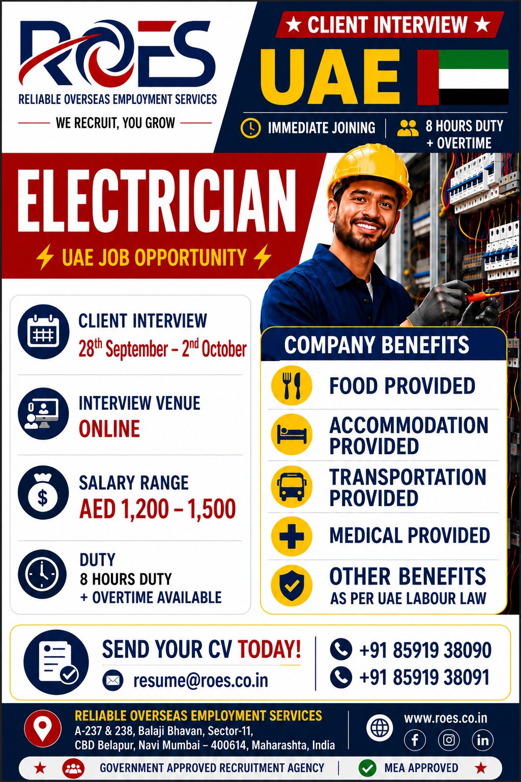 Urgently Required Electricians for UAE
