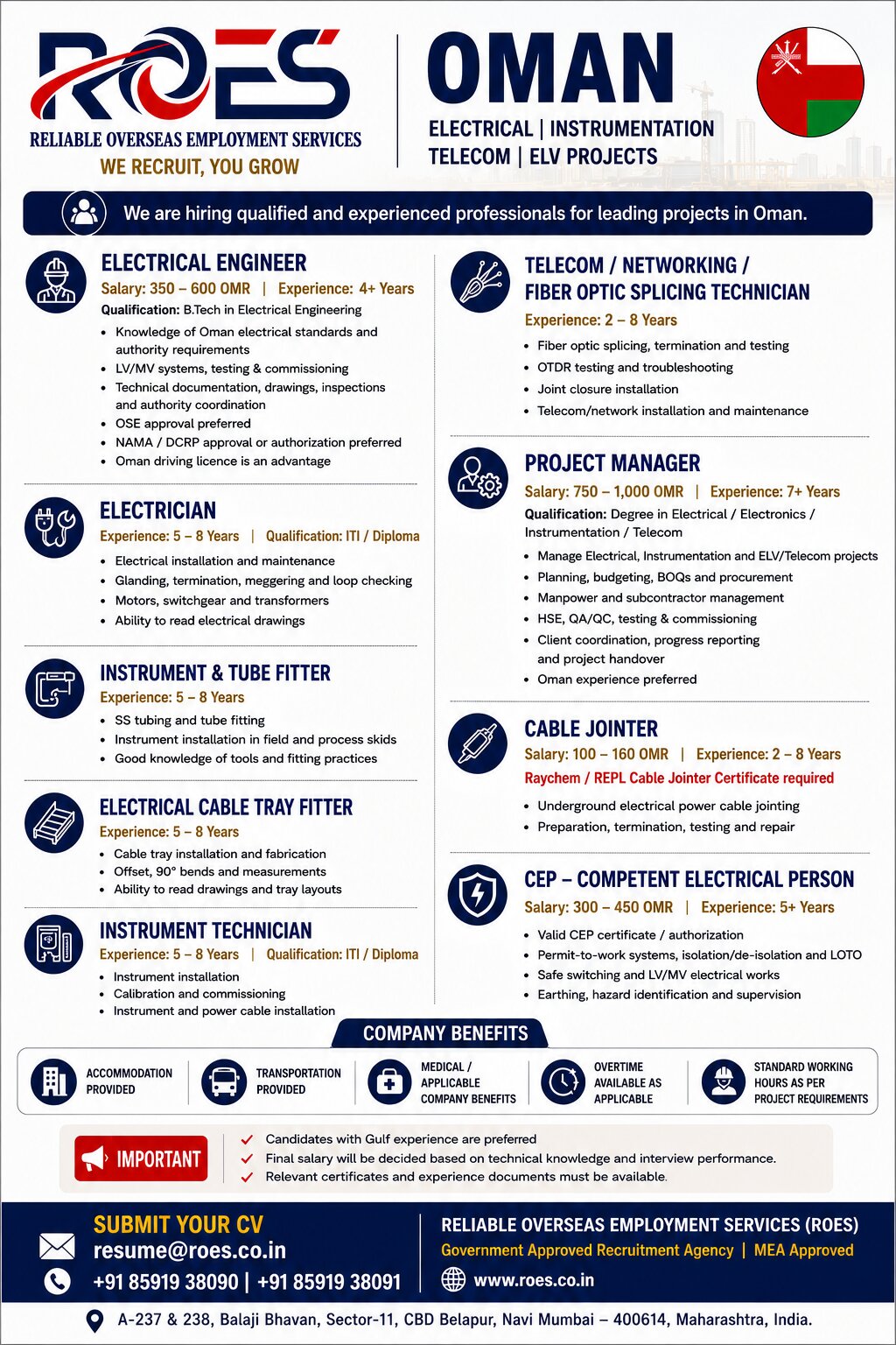 🇴🇲 OMAN RECRUITMENT  ELECTRICAL | INSTRUMENTATION | TELECOM | ELV PROJECTS