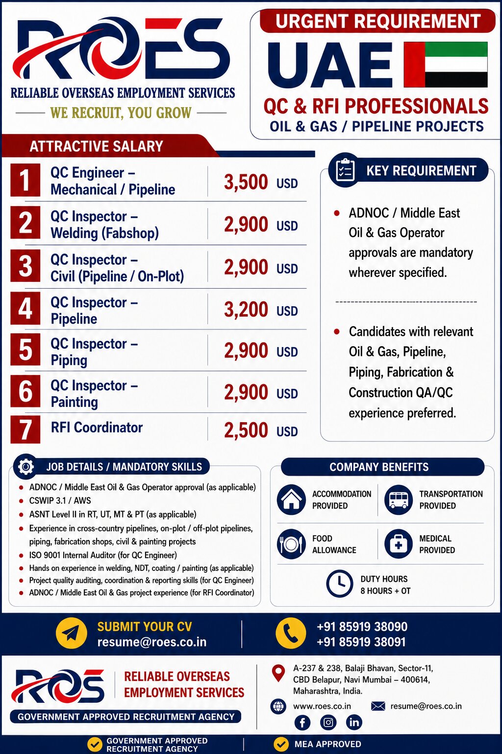 🇦🇪 URGENT REQUIREMENT – UAE  QC & RFI PROFESSIONALS  OIL & GAS / PIPELINE PROJECTS