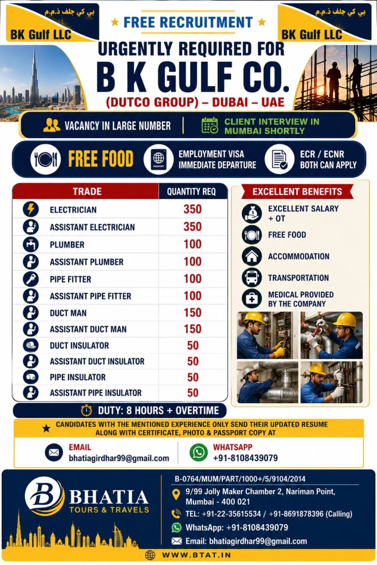 URGENTLY REQUIRED FOR B K GULF CO. (DUTCO GROUP) – DUBAI – UAE