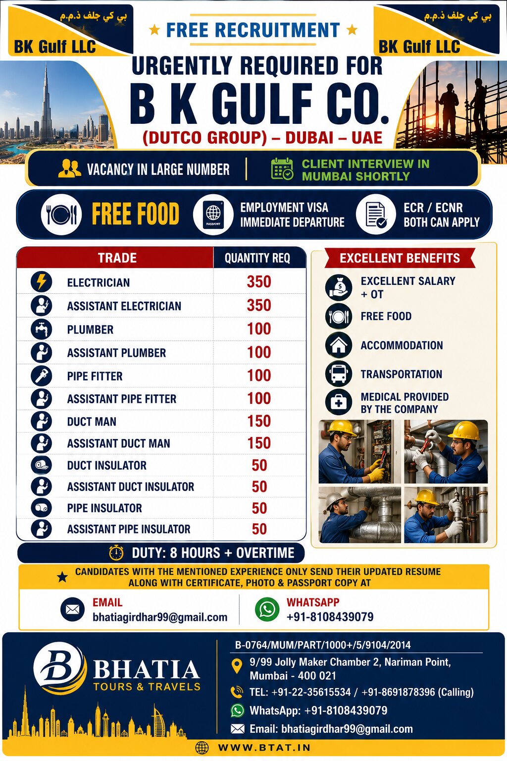 URGENTLY REQUIRED FOR B K GULF CO. (DUTCO GROUP) – DUBAI – UAE