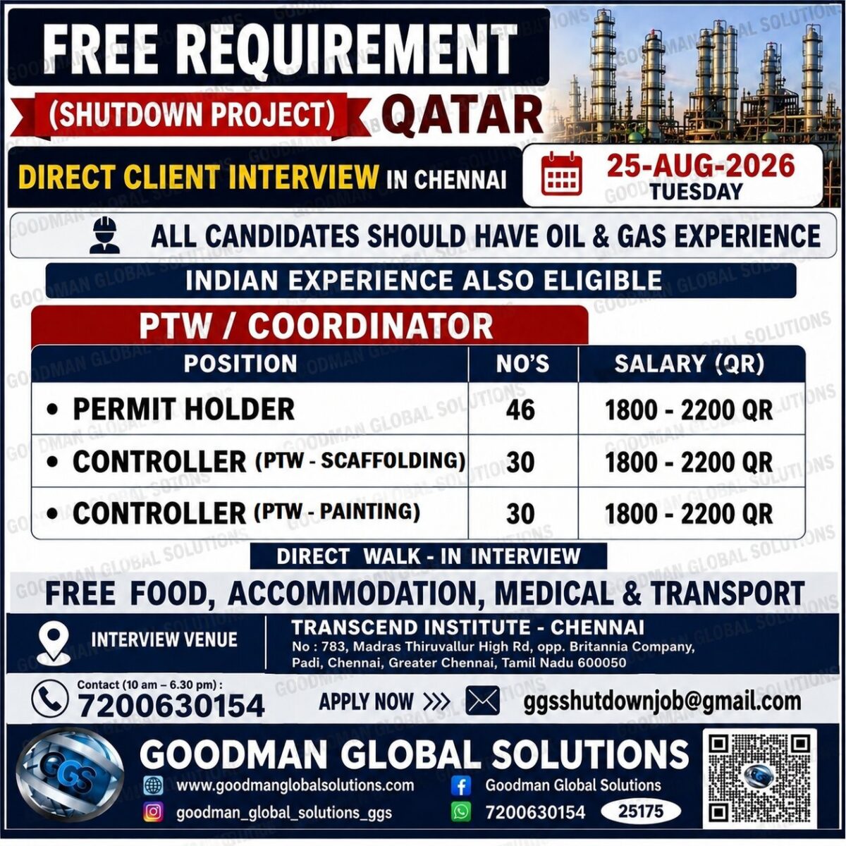FREE REQUIREMENT  –  SHUTDOWN PROJECT – QATAR DIRECT CLIENT INTERVIEW IN CHENNAI @  25 / 08 / 2026 TUESDAY