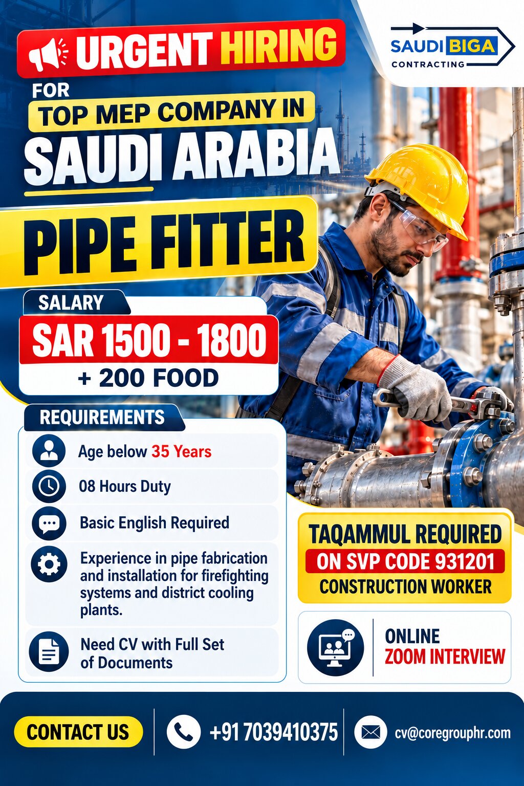 Urgent Hiring for TOP MEP COMPANY- SAUDI BIGA  Required Pipe Fitter-QTY 50