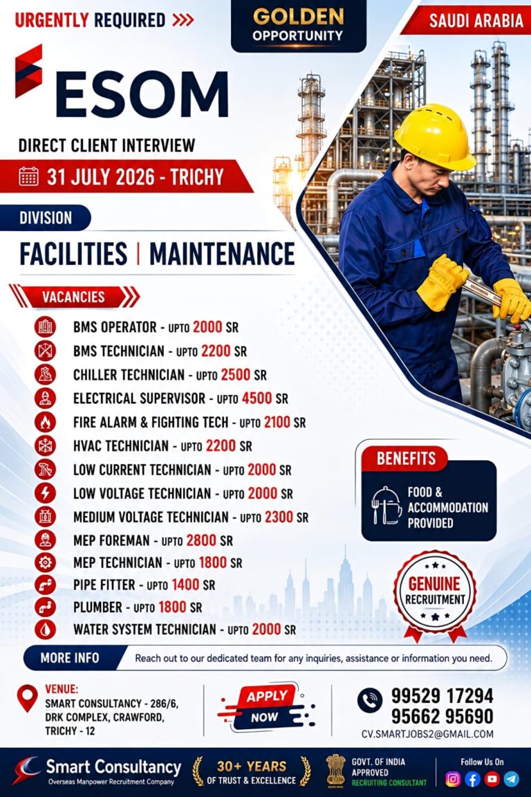 ESOM - SAUDI ARABIA | Saudi Arabia Direct Client Interview - Trichy 6 ESOM – SAUDI ARABIA | Saudi Arabia Direct Client Interview – Trichy