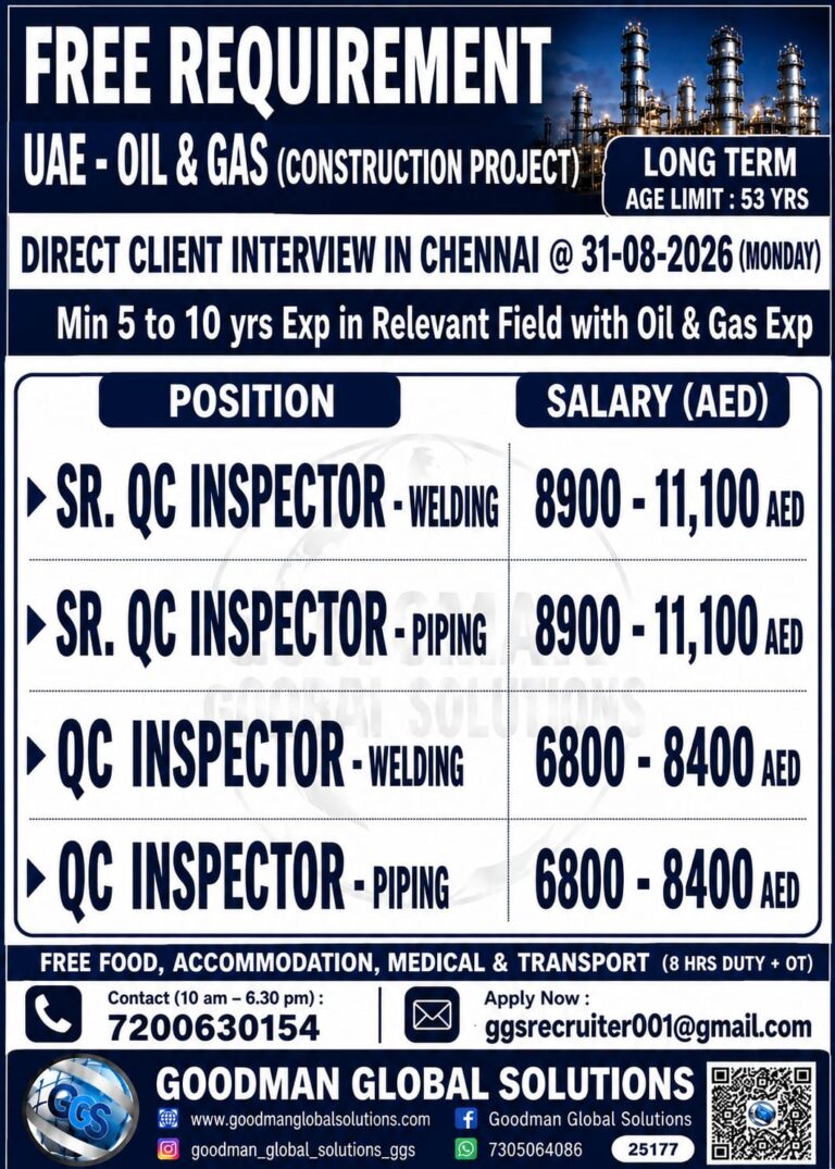 FREE REQUIREMENT – UAE – OIL & GAS – LONG TERM (CONSTRUCTION PROJECT ) DIRECT CLIENT INTERVIEW IN CHENNAI @31-08-2026( MONDAY ) CONTACT :  7200630154