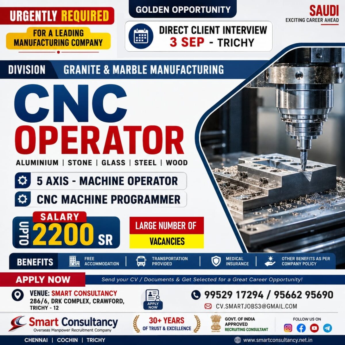 Saudi Arabia CNC Career Opportunity | Trichy Interview  Career opportunity for CNC professionals in Saudi Arabia 🇸🇦