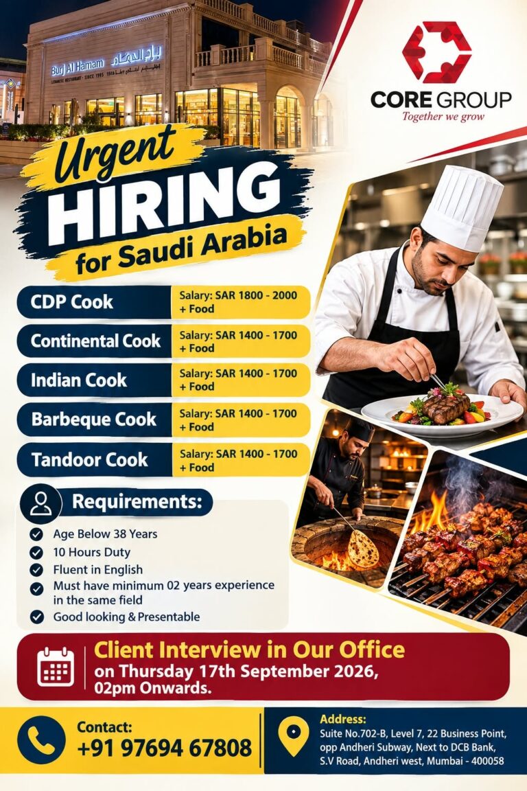 URGENT HIRING FOR “BURJ AL HAMAM” RESTAURANT IN SAUDI ARABIA