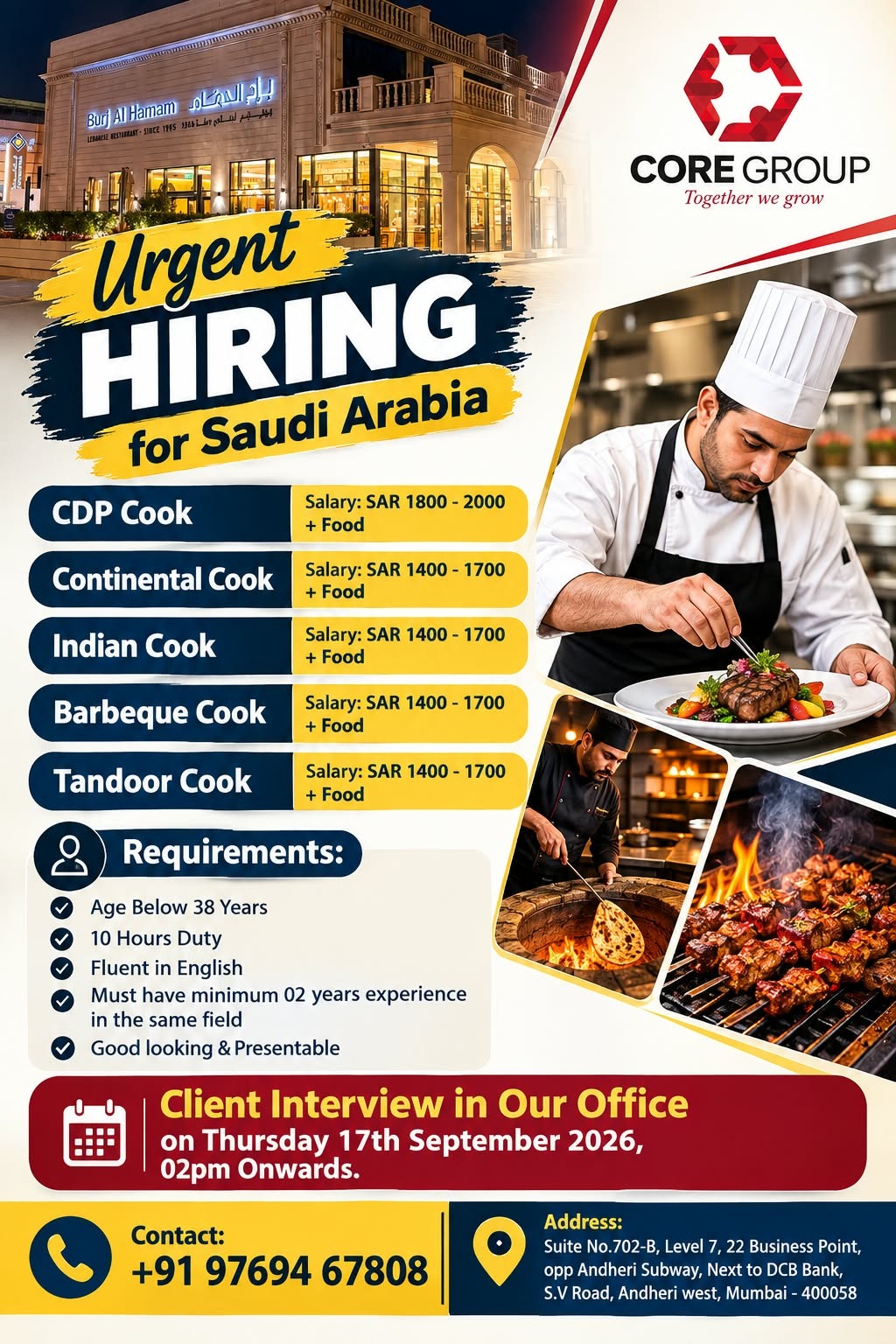 URGENT HIRING FOR “BURJ AL HAMAM” RESTAURANT IN SAUDI ARABIA