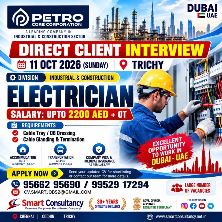 Electrician Opportunity – Dubai, UAE | Petro Core Corporation | Trichy Interview – 11 October 2026