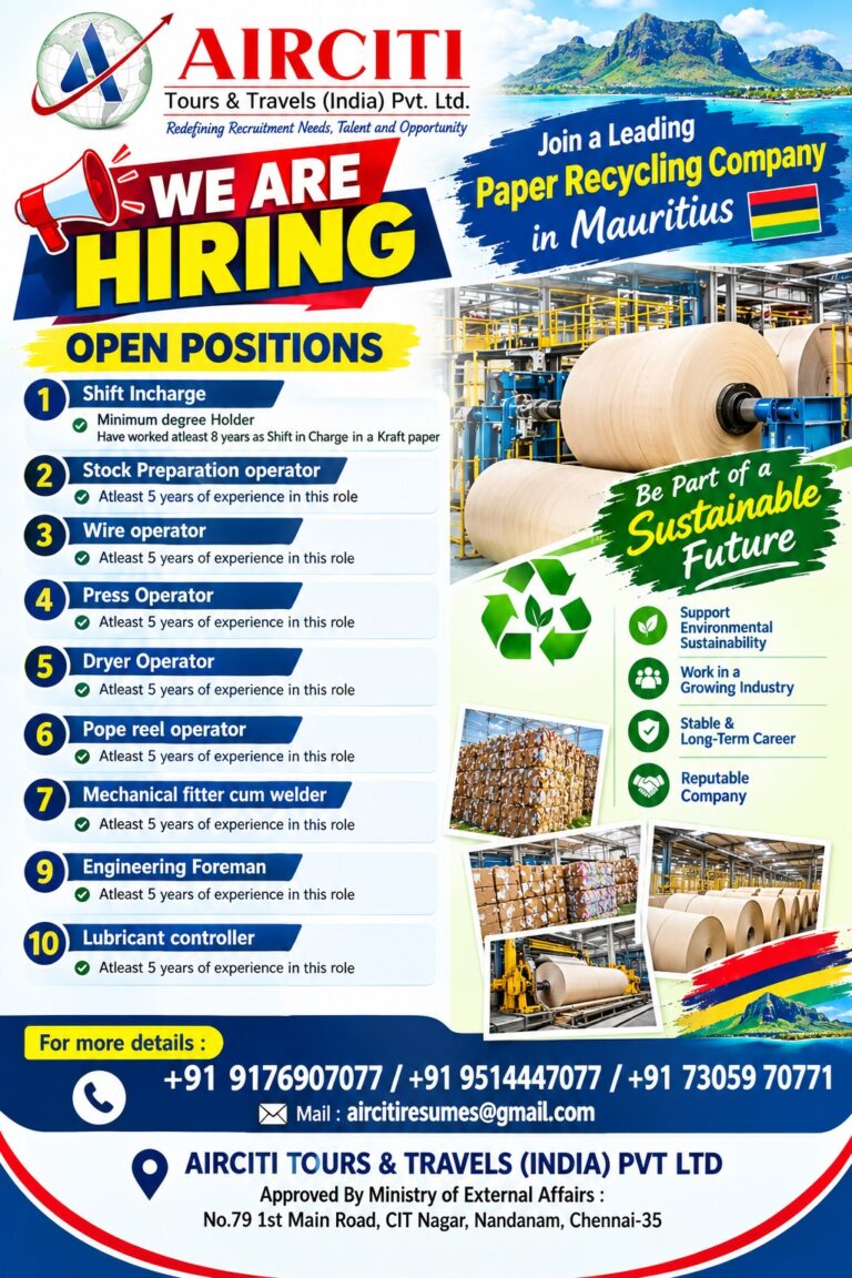 We are Hiring for Leading Paper Recycling company Mauritius