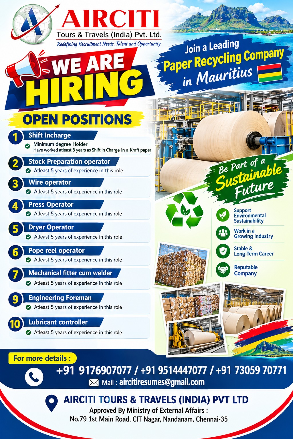 We are Hiring for Leading Paper Recycling company Mauritius