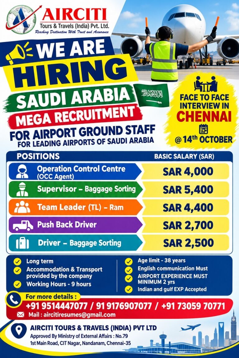 MEGA RECRUITMENT FOR AIRPORT GROUND STAFF DIRECT CLIENT INTERVIEW AT CHENNAI ON 14th & 15th OCT 2026