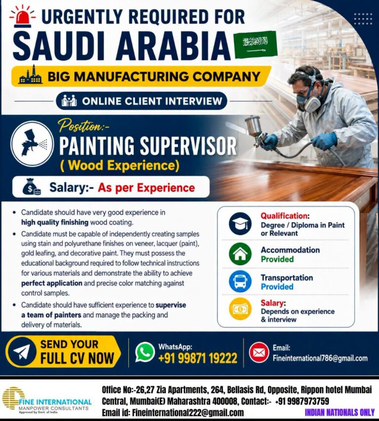 URGENT HIRING – SAUDI ARABIA Painting Supervisor (Wood Finishing Experience)